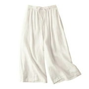 AMEIAEA Cotton Linen Capri Pants for Women Drawstring Wide Leg Pants Elastic Waist Cropped Trousers
