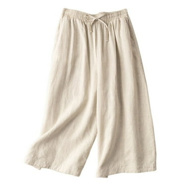 ameIAEA Cotton Linen Capri Pants for Women Drawstring Wide Leg Pants Elastic Waist Cropped Trousers