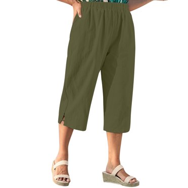 CFLVAEK Cotton Linen Capri Pants For Women With Pockets Plus Size Wide Leg Capris Casual Summer High Waisted Capris Solid Color Drawstring Cropped Pants Brown
