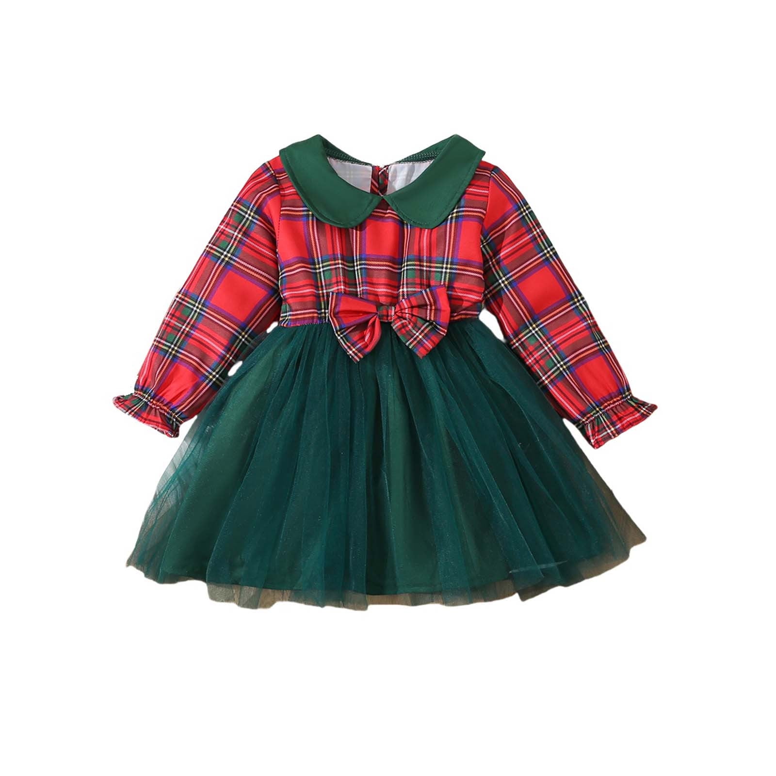 ameIAEA Girl Christmas Dress Long Sleeve Plaid Tulle Princess Dress