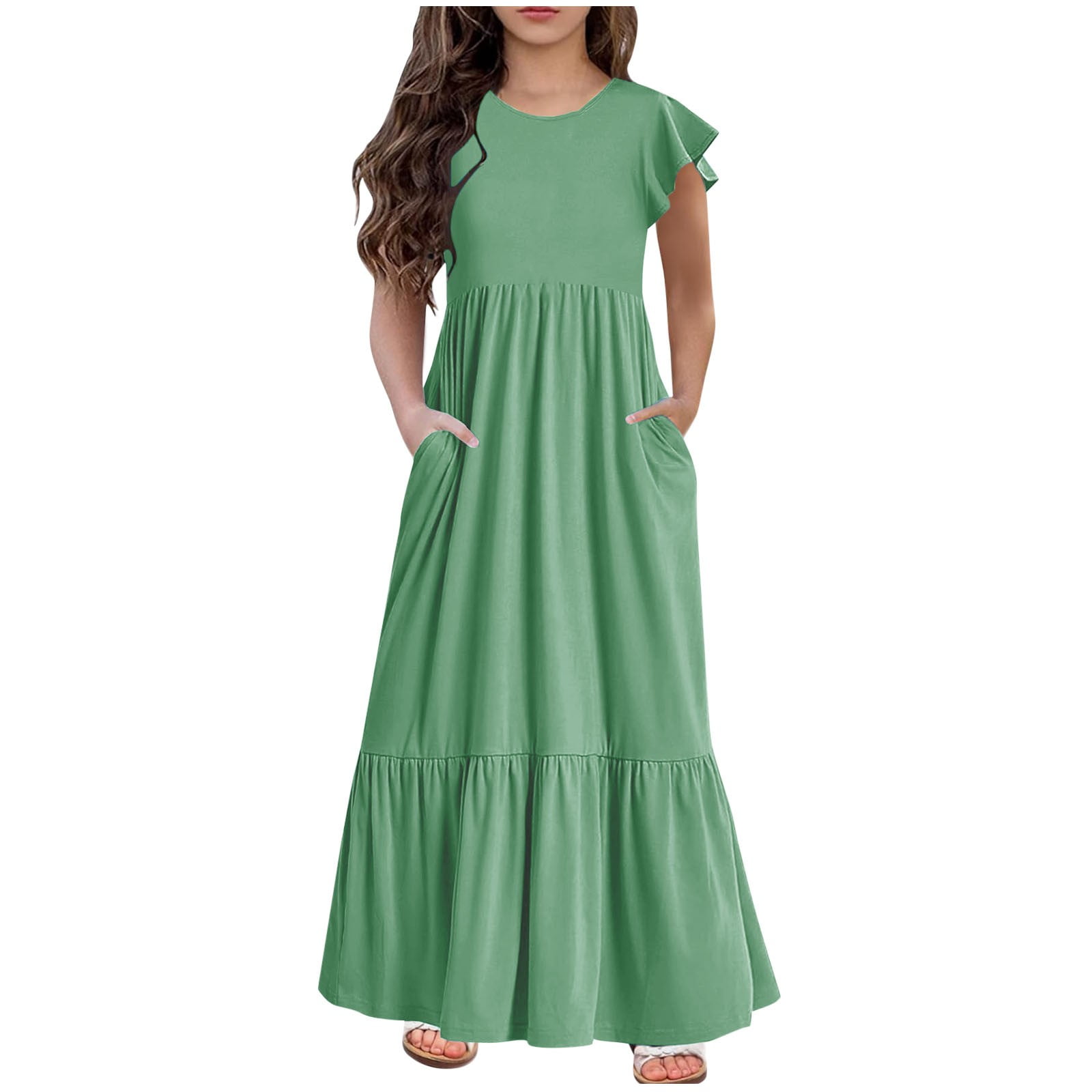 ameIAEA Girl's Maxi Dress with Pockets Ruffle Sleeve Round Neck A-Line  Tiered Casual Loose Dress - Walmart.com