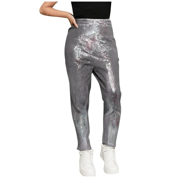ameIAEA Girls Boys Sparkly Dance Pants Kids Elastic Waisted Streetwear Trousers for 3-16 Years