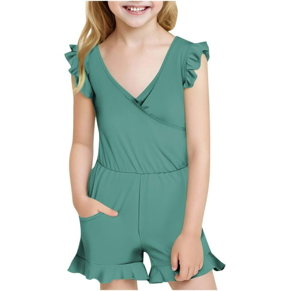 ameIAEA Girls Ruffle Sleeve Swimsuits V Neck Solid Color Beach Jumpsuits with Pockets 7-16 Years