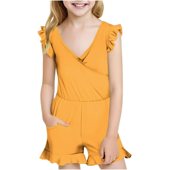 ameIAEA Girls Ruffle Sleeve Swimsuits V Neck Solid Color Beach Jumpsuits with Pockets 7-16 Years