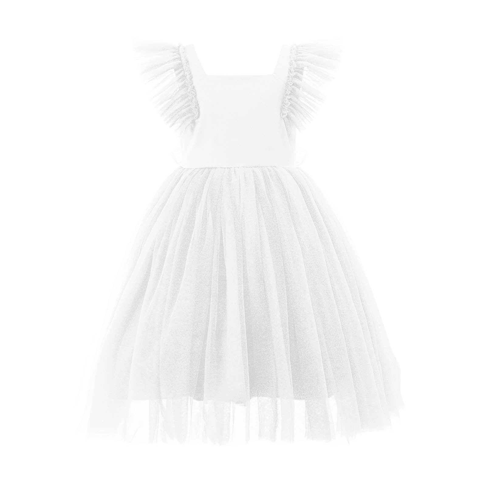 Asymmetrical Neck White Tulle Layered Sleeveless Tea Length Girl's Party Dress main image 1