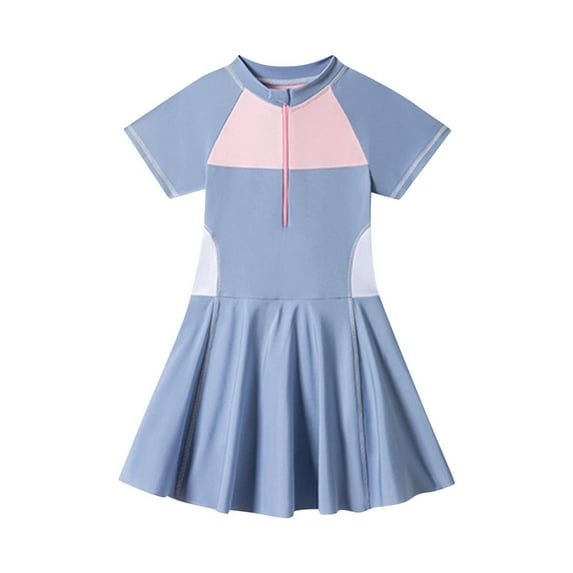 ameIAEA Girls Swimsuit Zipper Bathing Suit Short/Long Sleeve Color Block Swimwear with Skirt