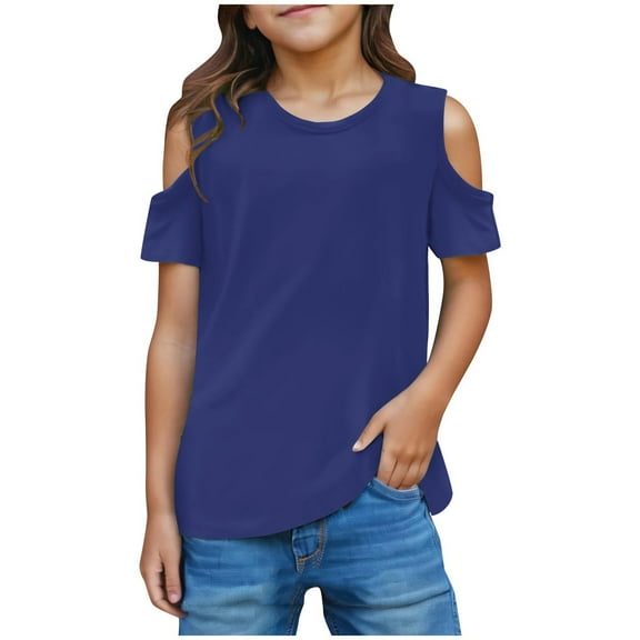 ameIAEA Kids Girl Short Sleeve Cold Shoulder Shirts Toddler Summer Solid Color Casual Tops