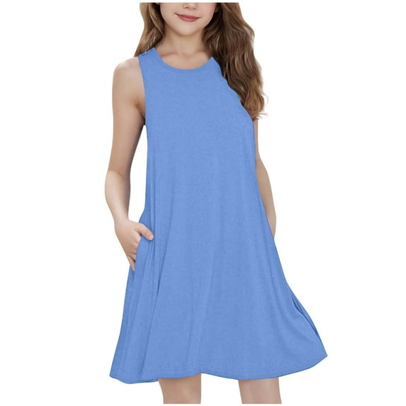 ameIAEA Girls Summer Casual Tank Dress Kids Sleeveless Loose Sundress with Pockets 5-15Years