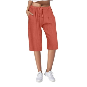 ameIAEA Knee Length Shorts Women Elastic Waisted Drawstring Shorts with Pockets Casual Wide Leg Pants