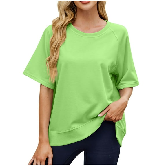 ameIAEA Ladies Short Sleeve Tops Solid Color Crewneck Basic Tee Tops Summer Casual Loose Shirts