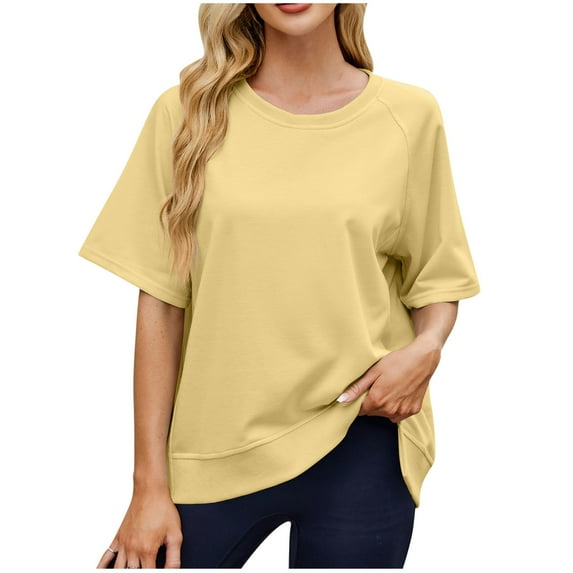 ameIAEA Ladies Short Sleeve Tops Solid Color Crewneck Basic Tee Tops Summer Casual Loose Shirts