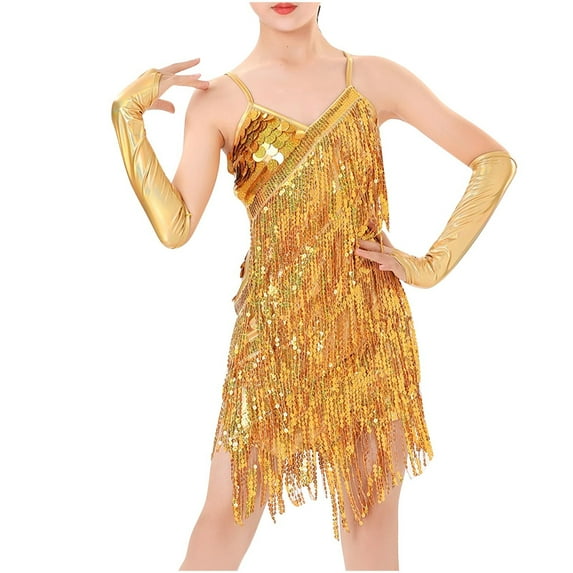 ameIAEA Little Girls Sequin Fringe Dress Sleeveless Backless Tassel Party Dancewear + Arm Sleeves