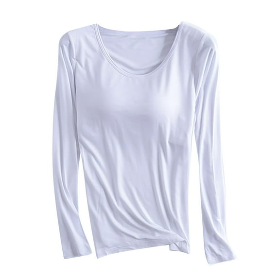 ameIAEA Lounge Pajama Tops for Women Long Sleeve Shirts Built in Bra Casual Basic Tee Shirt