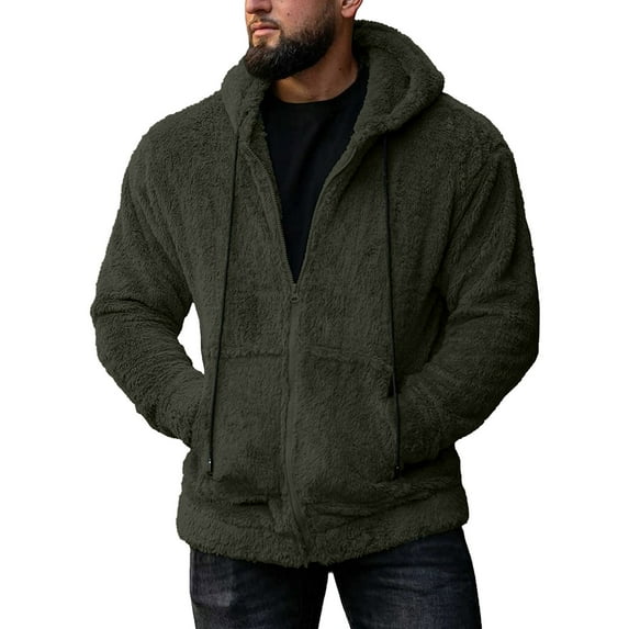ameIAEA Men Fuzzy Fleece Jacket Winter Warm Hooded Coat Long Sleeve Zip Up Outerwear with Pockets