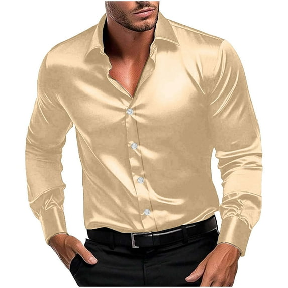 ameIAEA Men's Button Down Collared Dress Shirts Silk Long Sleeve Casual Formal Wedding Shirts
