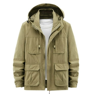 ameIAEA Men's Cargo Jacket Long Sleeve Hooded Coat Zip Up Solid Color Casual Jackets with Pockets