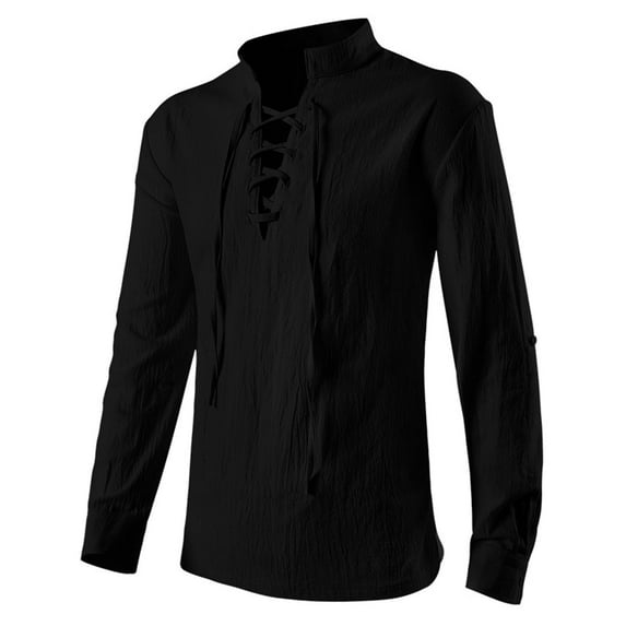 ameIAEA Men's Casual Lace-Up Shirts Roll Up Long Sleeve Shirts Solid Color Spring Fall Tops