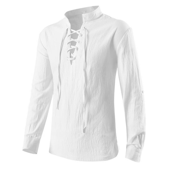 ameIAEA Men's Casual Lace-Up Shirts Roll Up Long Sleeve Shirts Solid Color Spring Fall Tops