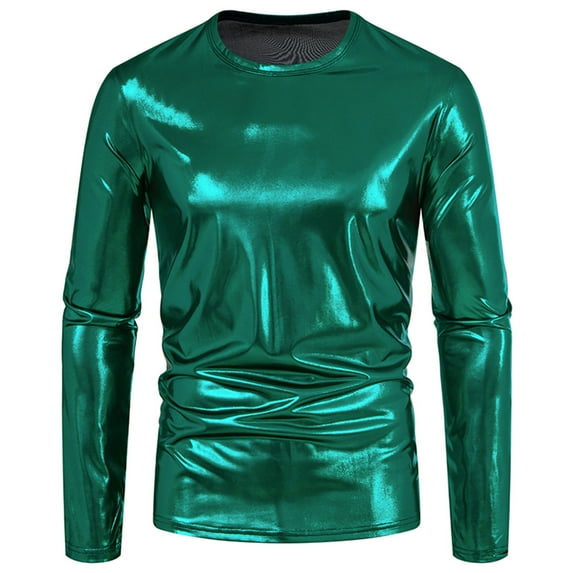 ameIAEA Men's Metallic Shirt Long Sleeve Round Neck Casual Pullover Tshirt Party Club Tee Tops