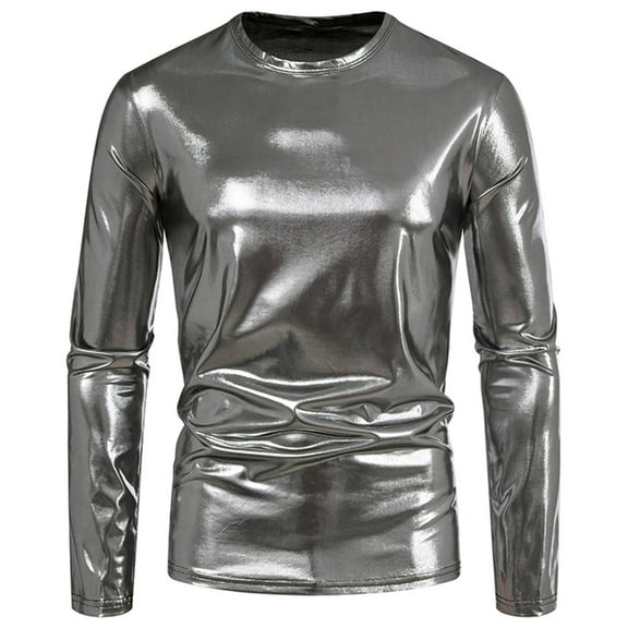 ameIAEA Men's Metallic Shirt Long Sleeve Round Neck Casual Pullover Tshirt Party Club Tee Tops