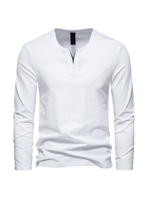 Mens V Neck Cotton Linen Henley Shirts Long Sleeve Banded Collar T ...