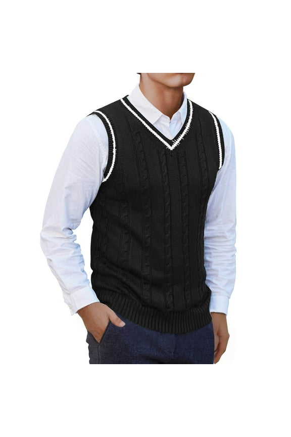 Men's Winter Sweater Vest V-Neck Sleeveless Knitted Pullover Color Block Waistcoat