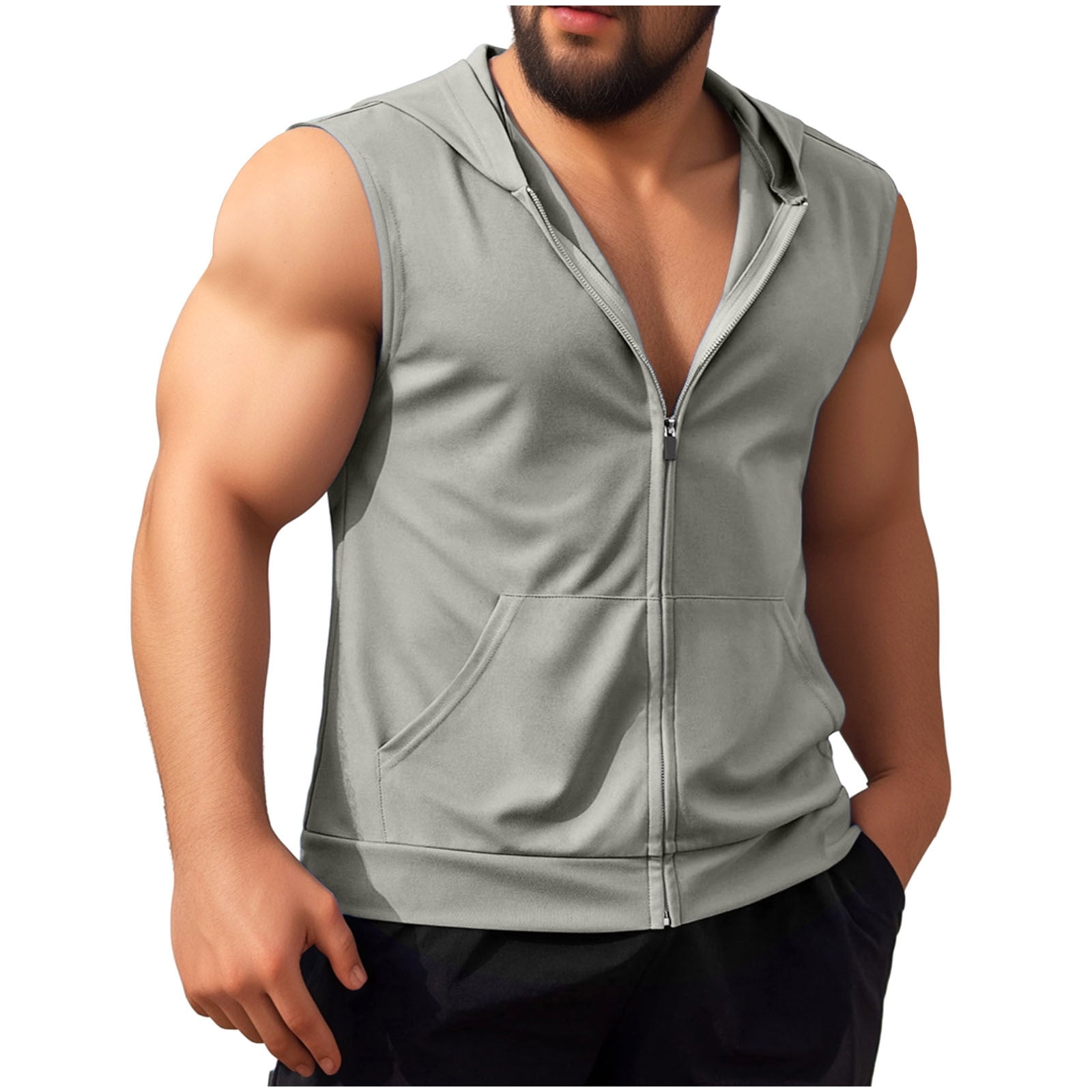ameIAEA Men's Workout Hooded Tank Tops Sleeveless Gym Zip Up Vest Solid ...