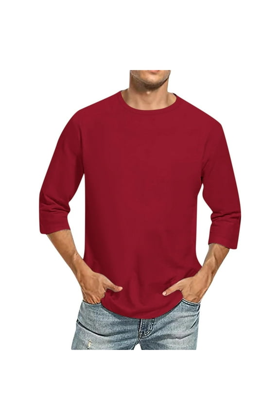 Mens 3/4 Sleeve Crewneck Running Gym T-Shirts Solid Color Soft Tees Summer Basic Tops