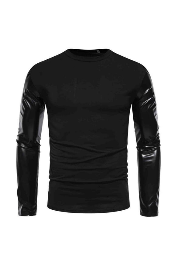 Mens Leather Shirts Long Sleeve Crewneck Fall Slim Shirts Solid Color Fashion Tops