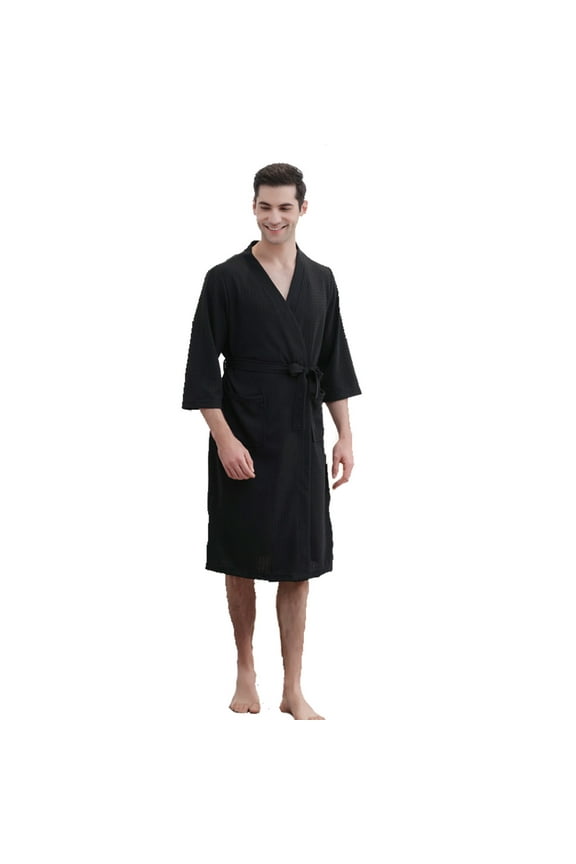 Mens Lightweight Bathrobes Knee Length Spa Robes with Pockets Nightwear Loungewear