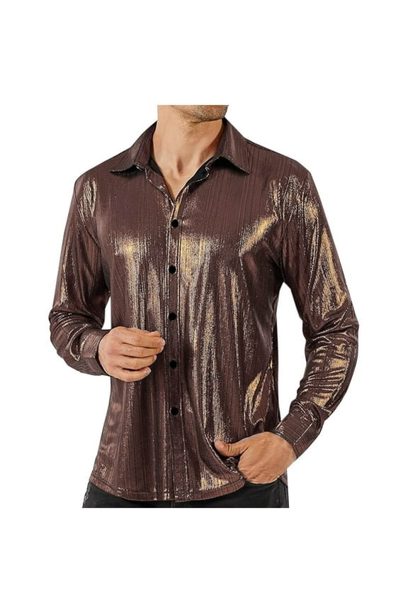 Mens Sequins Long Sleeve Shirts Metallic Button Down Nightclub Disco Party Shirt Tops