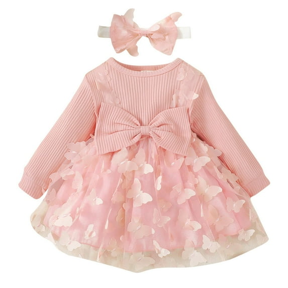 ameIAEA Newborn Baby Girls Tulle Dress Toddler Infant Long Sleeve Bowknot Dress with Headband