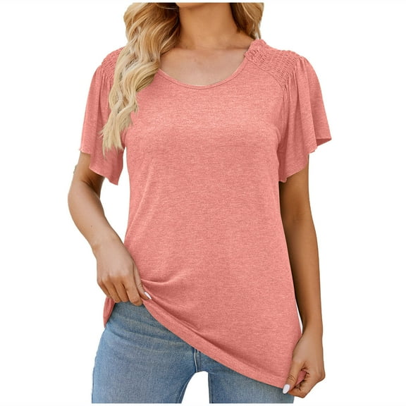 ameIAEA Short Sleeve Blouses for Women Round Neck Ruffle Summer Casual Dressy Shirts Solid Color Tops