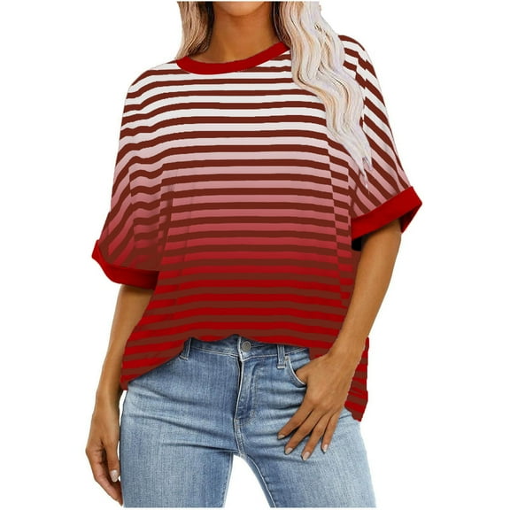 ameIAEA Striped Shirt Women Short Sleeve Crewneck Tops Color Block Casual Loose Summer Tees
