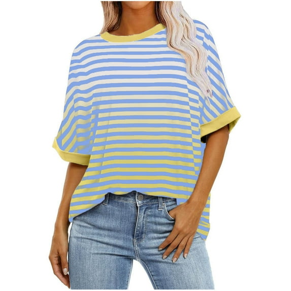 ameIAEA Striped Shirt Women Short Sleeve Crewneck Tops Color Block Casual Loose Summer Tees