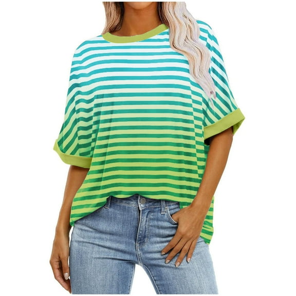 ameIAEA Striped Shirt Women Short Sleeve Crewneck Tops Color Block Casual Loose Summer Tees