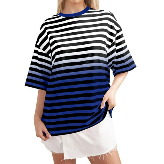 ameIAEA Striped Shirt Women Short Sleeve Crewneck Tops Color Block Casual Loose Summer Tees