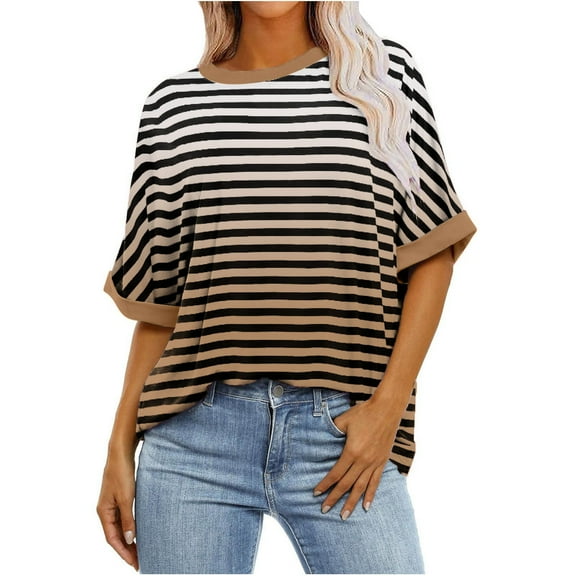 ameIAEA Striped Shirt Women Short Sleeve Crewneck Tops Color Block Casual Loose Summer Tees