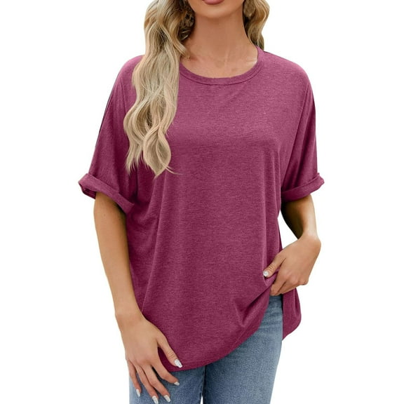 ameIAEA Summer Comfy T-Shirt for Women Roll Up Short Sleeve Tee Tops Crewneck Loose Shirts