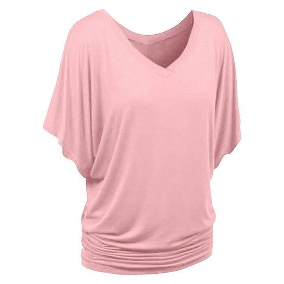 ameIAEA Summer Short Sleeve T-Shirts for Women V Neck Loose Ruffle Tops Solid Color Basic Tees