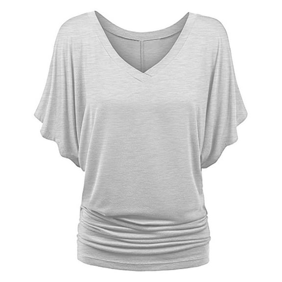ameIAEA Summer Short Sleeve T-Shirts for Women V Neck Loose Ruffle Tops Solid Color Basic Tees