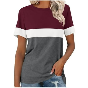 ameIAEA Summer Short Sleeve Tops for Women Round Neck Color Block Casual Loose Tee Shirts