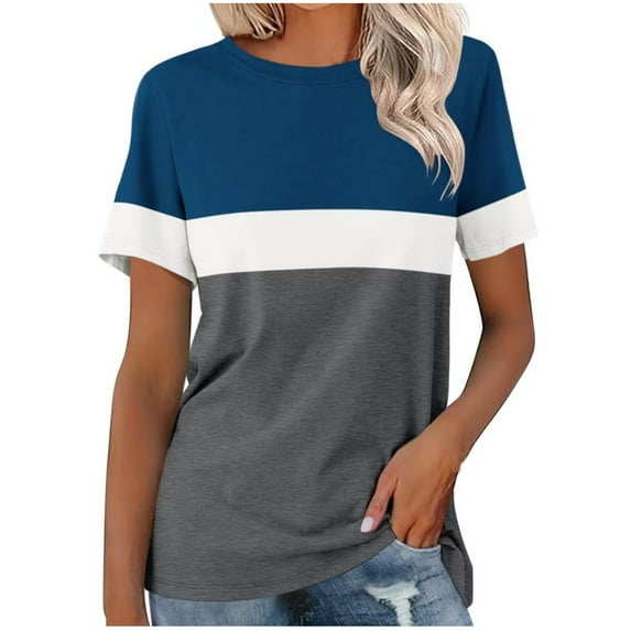 ameIAEA Summer Short Sleeve Tops for Women Round Neck Color Block Casual Loose Tee Shirts