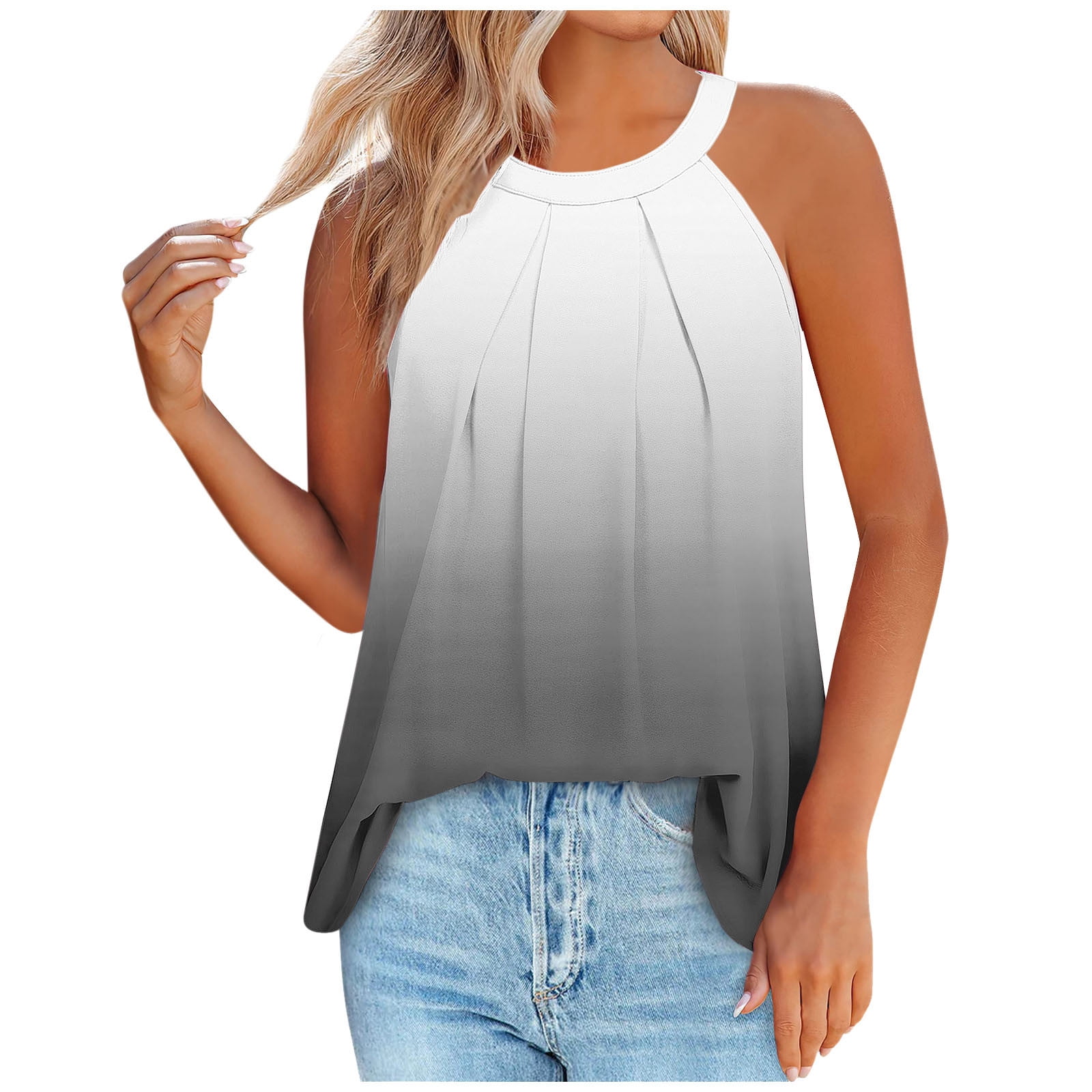 ameIAEA Tank Top for Women Round Neck Pleated Long Flowy Tank Tops Sleeveless Summer Basic Shirt 2024 Walmart