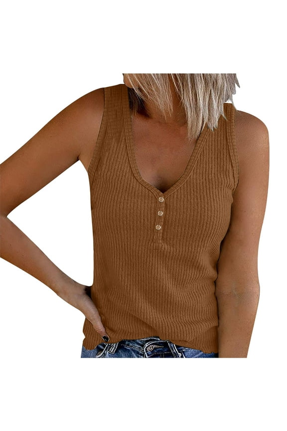 Tank Tops for Women Summer V Neck Sleeveless Ribbed Knit Button Down Casual Shirts