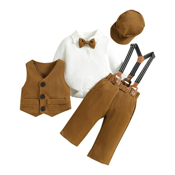 ameIAEA Toddler Baby Boys Birthday Wedding Outfits Romper Bowknot Vest Suspender Pant Hat Newborn Clothes