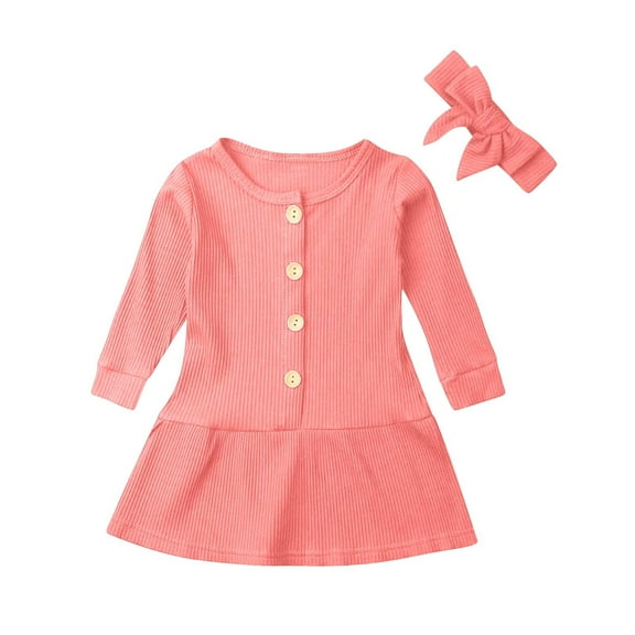 ameIAEA Toddler Kids Girls Dresses Long Sleeve Crewneck Button A-Line Casual Dress   Headband