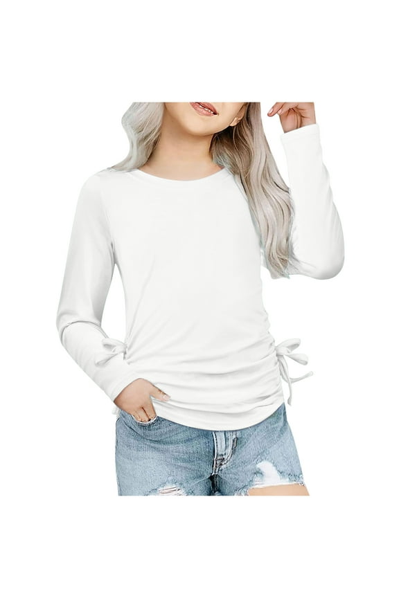 Toddler Kids Girls Ruched Blouses Long Sleeve Crewneck Shirts Solid Color Casual Tops