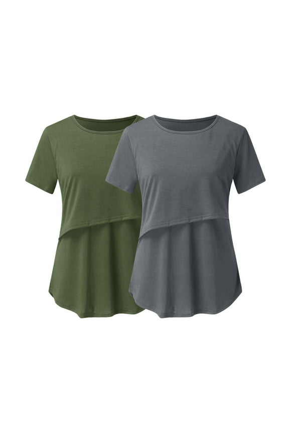 Women 2 Packs Nursing Shirts Short Sleeve Maternity Tops Double Layer Breastfeeding Tees