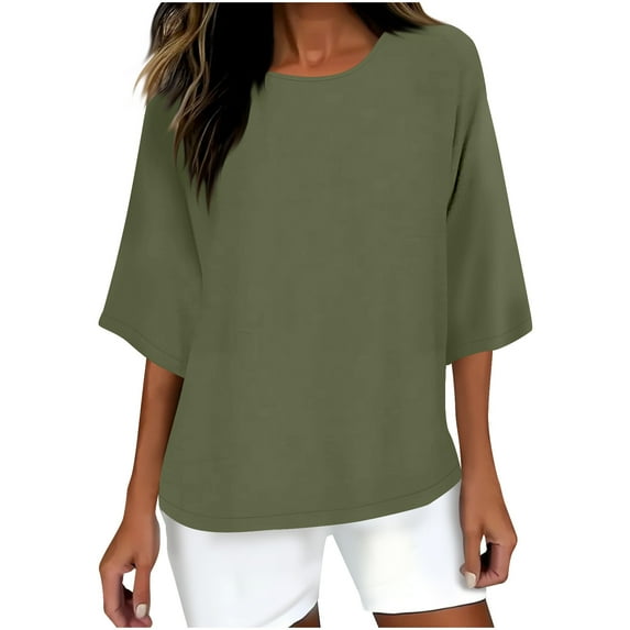 ameIAEA Women 3/4 Sleeve Cotton Linen Shirts Crewneck Solid Color Summer Spring Casual Tops